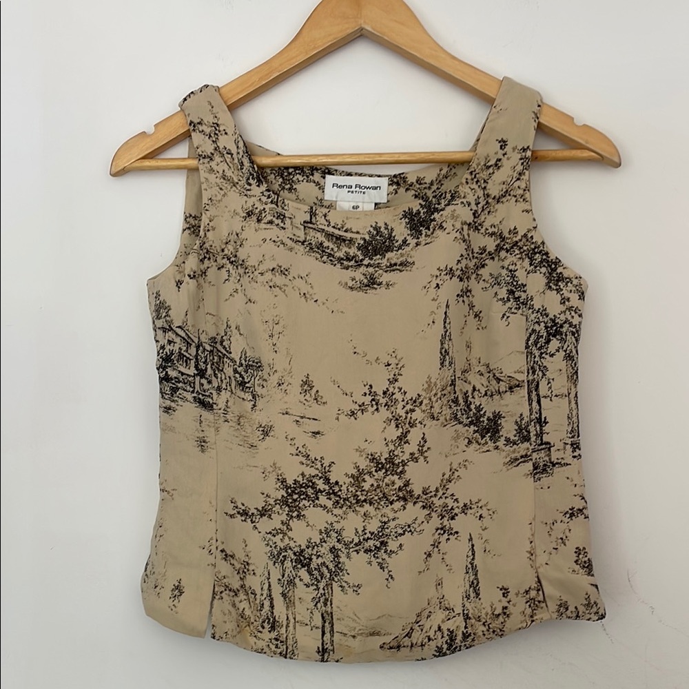 Rena Rowan  silk Scenic Print Top  Beige and Black art paint print